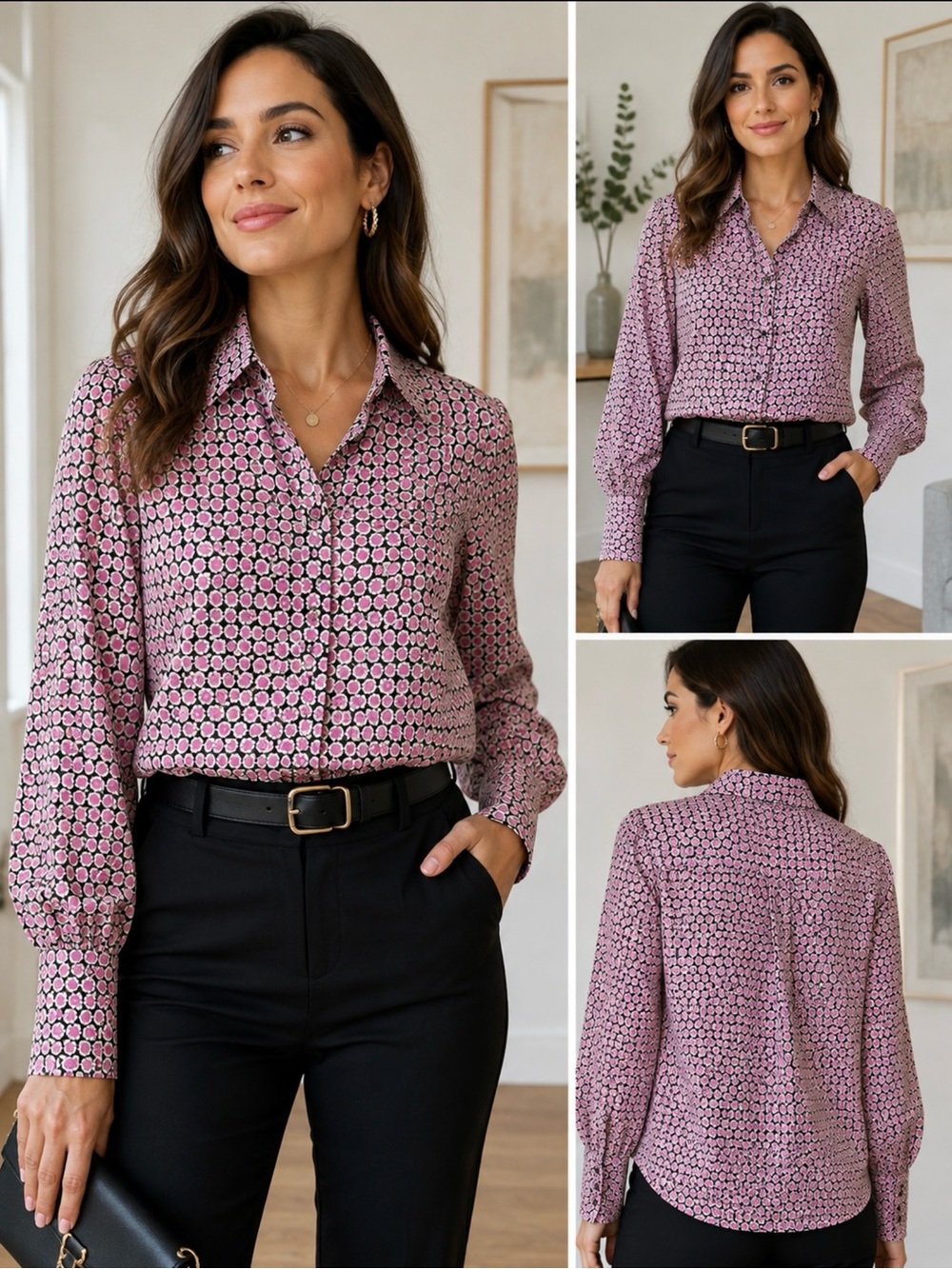 Zara Women’s Floral Print Button Down Blouse Pink Black Size L